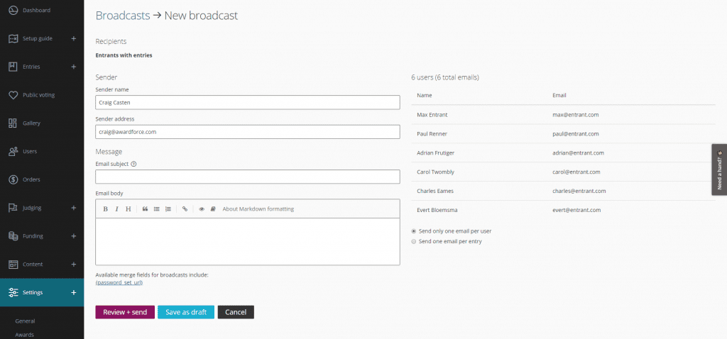 Broadcast emails
