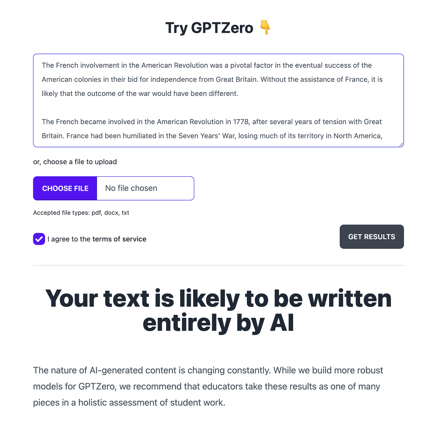 GPTZero sample of AI content detection