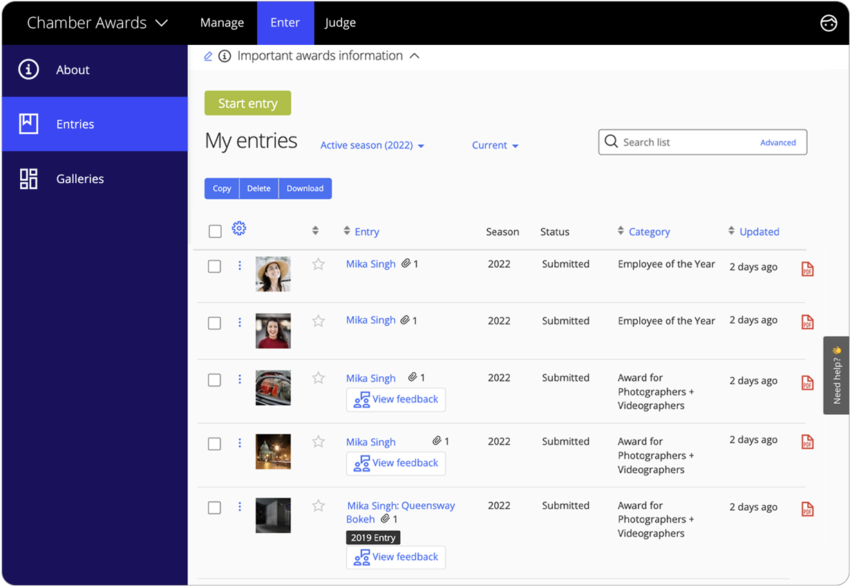 Award Force interface showing the entrant's view of their list of entries.