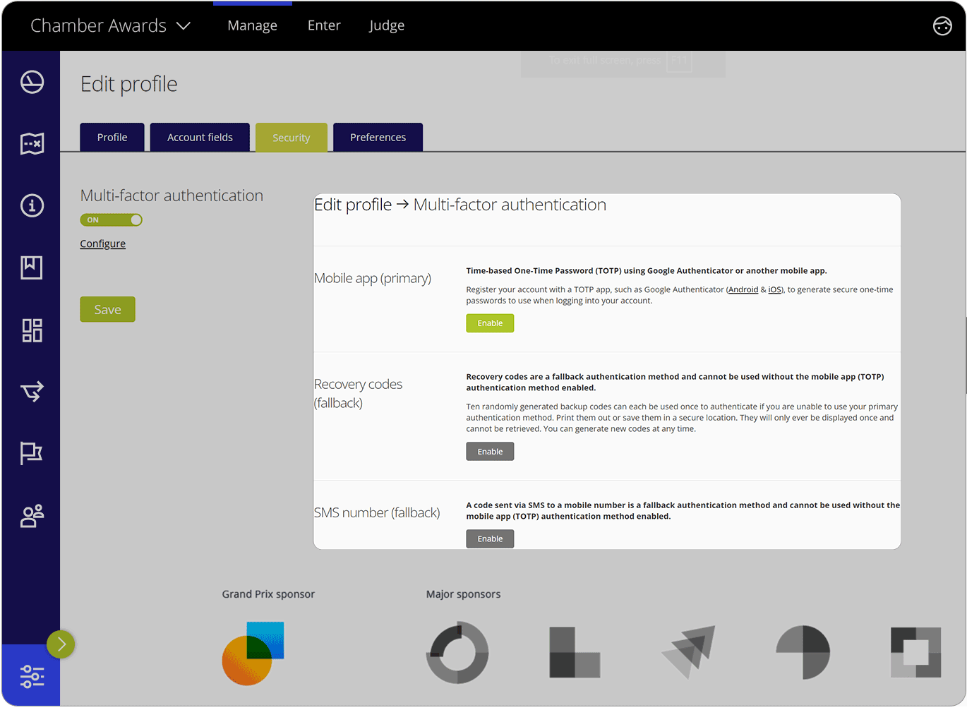 Award Force interface showing the MFA settings