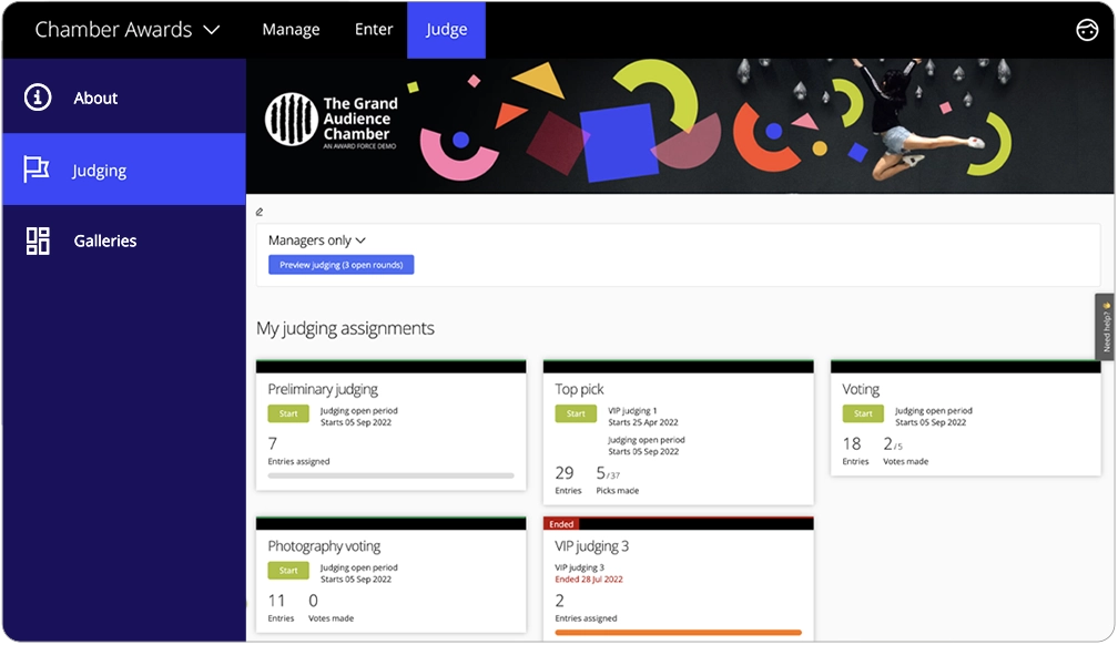 Der Programmmanager kann die Ansicht der Jury über den Tab „Jury-Arbeitsbereich“ aufrufen.