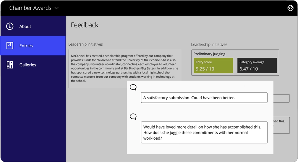 Teilnehmende können wertvolles Feedback von Juroren einsehen. Der Programmmanager hat die Möglichkeit, das Feedback anonym zu gestalten.  