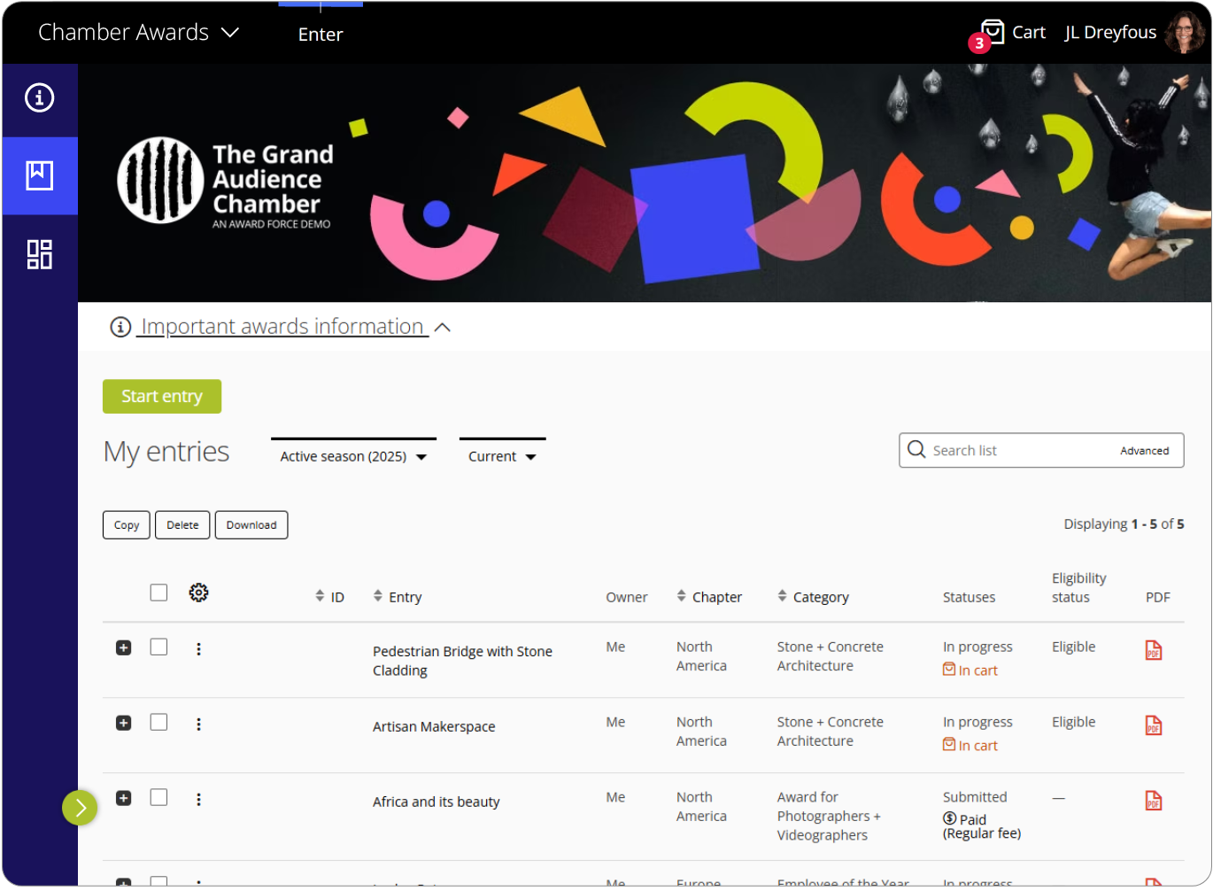 Award Force entrant portal interface