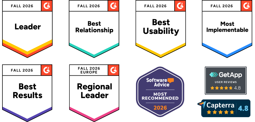 Award Force reçoit des badges : leader de la grille, meilleurs résultats, meilleure relation, le plus facile à implémenter et meilleure expérience utilisateur de la part de G2. Meilleur support client et le plus recommandé de Software Advice, 4,8 avis utilisateurs sur GetApp et 4,8 étoiles sur Capterra
