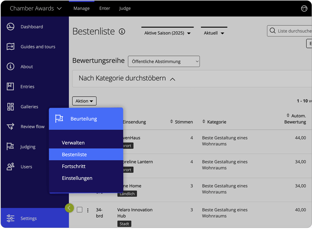 Awards-Management-Software: Ergebnisverwaltung