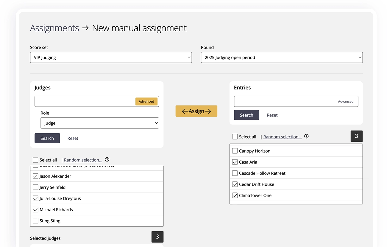 Award Force interface showing the manual assignment creation