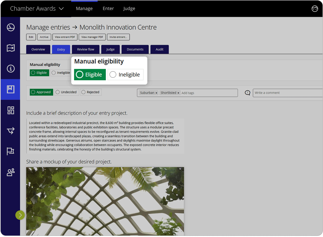 Award Force interface showing the manager's view of an entry while using the manual eligibility
