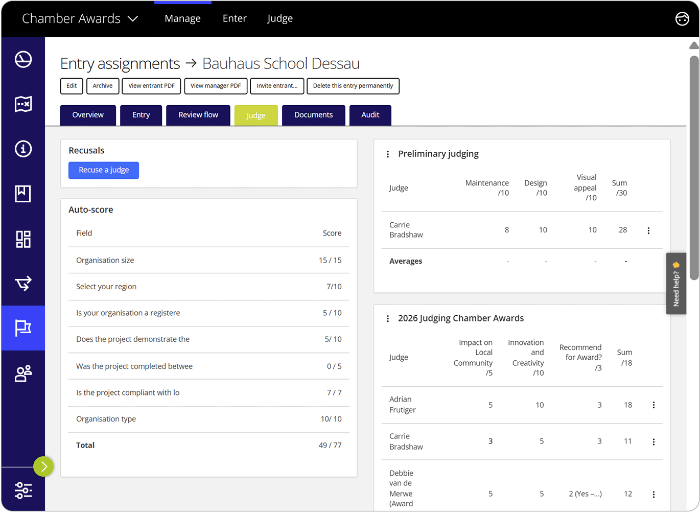 Award Force interface showing the individual entry view of its assignments scores