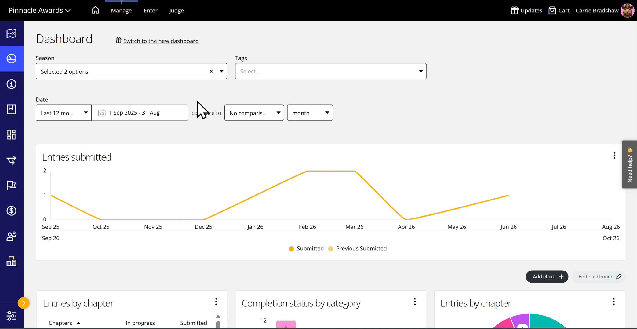 Award Force-Benutzeroberfläche mit der Anleitung zum Wechsel auf das neue Dashboard