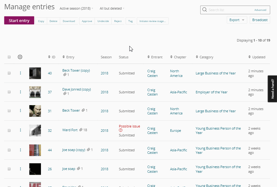 Manage entries in Award Force