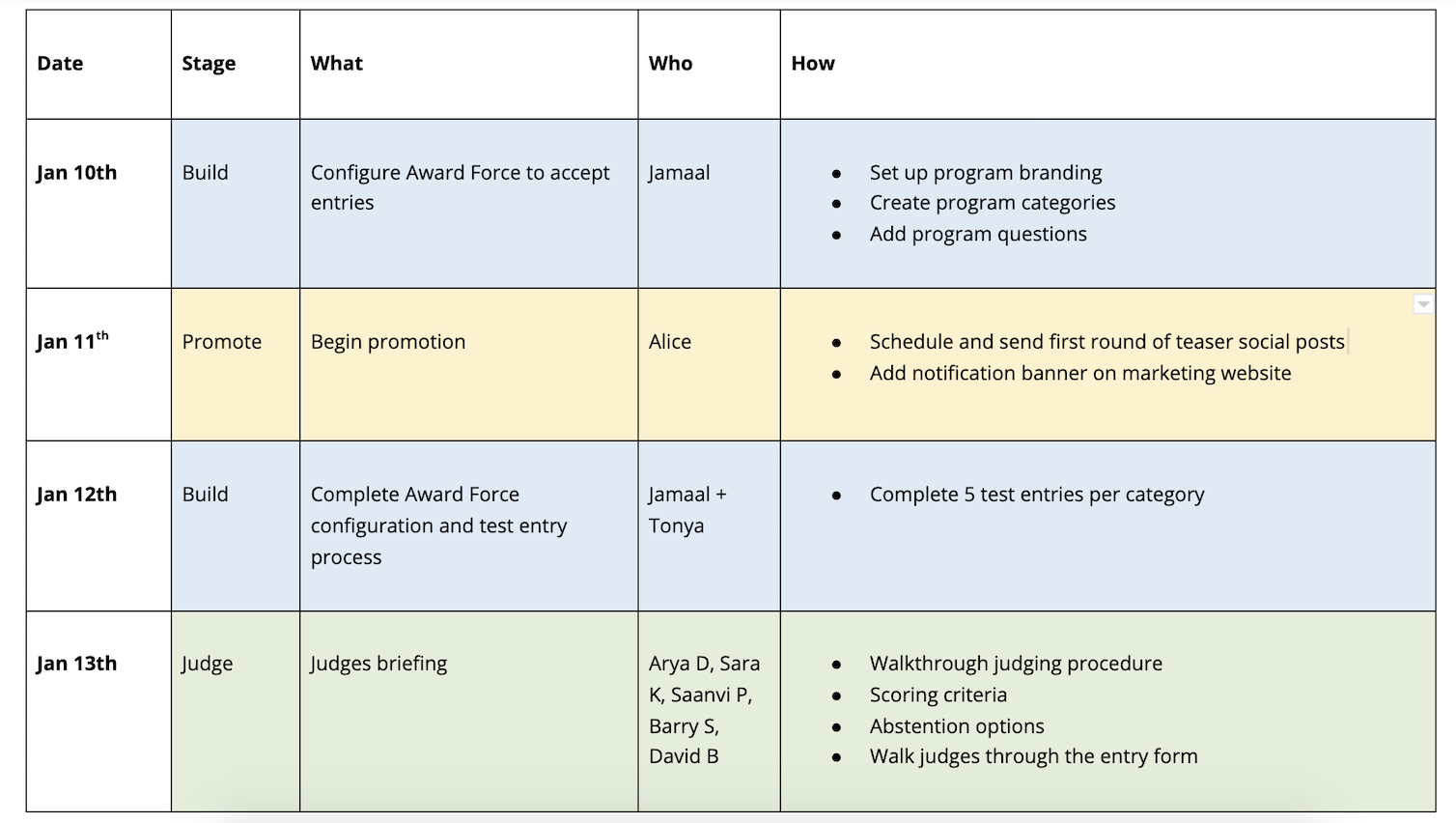 Sample timetable