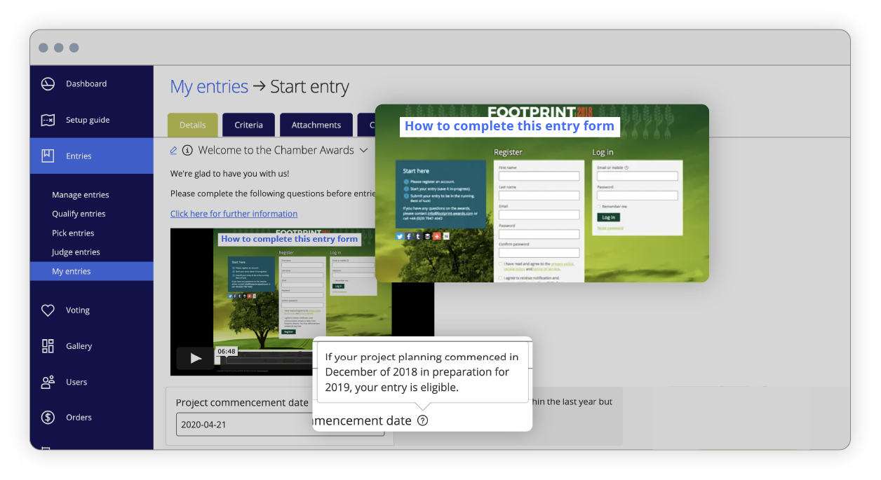 Awards management interface of hints