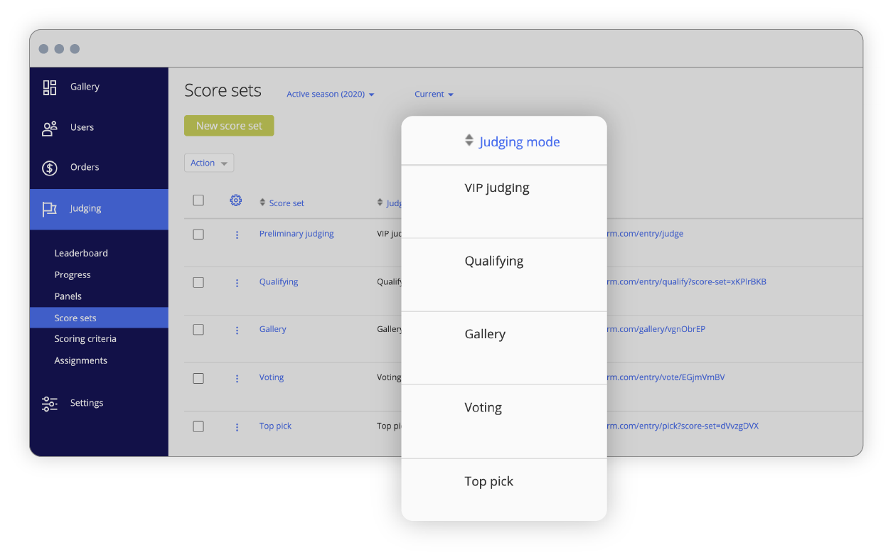 Awards management interface of judging modes