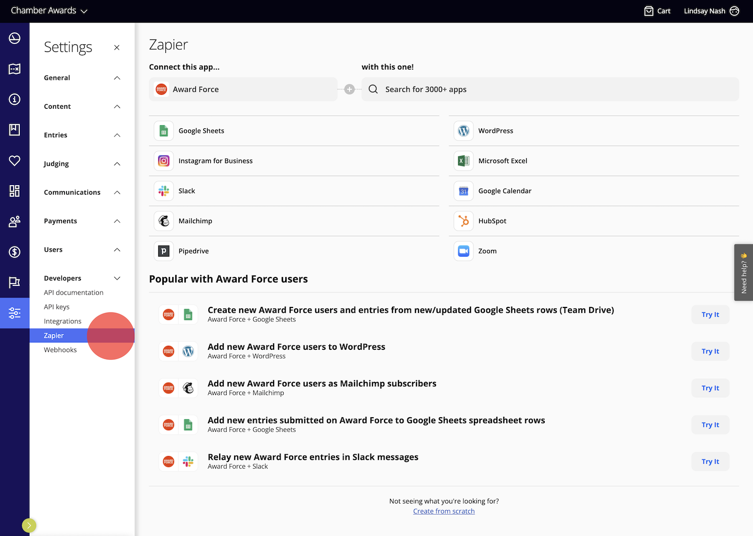 Zapier integration in Award Force