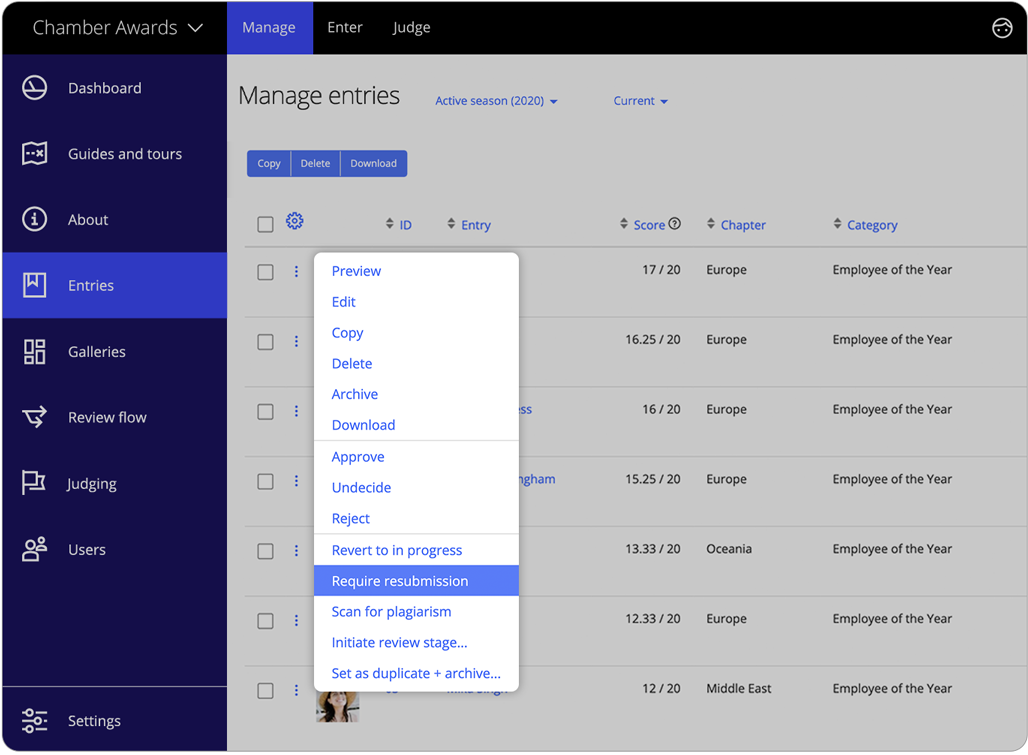 Awards management software manage entries