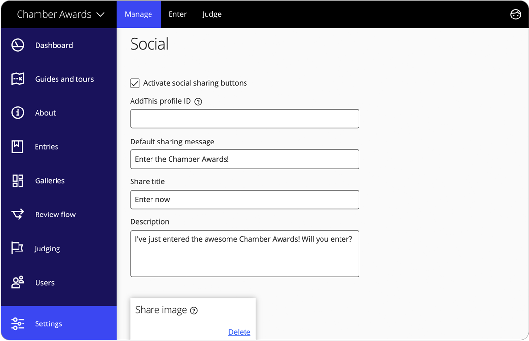 Awards management software social sharing