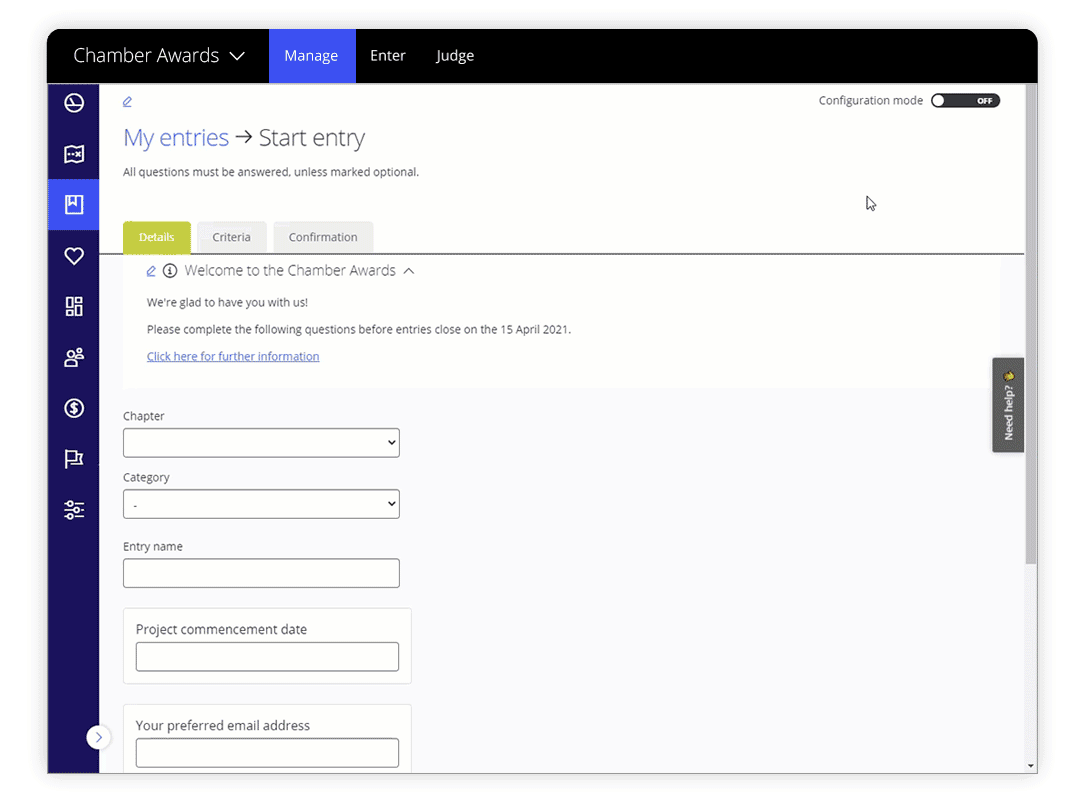 Awards management entry form