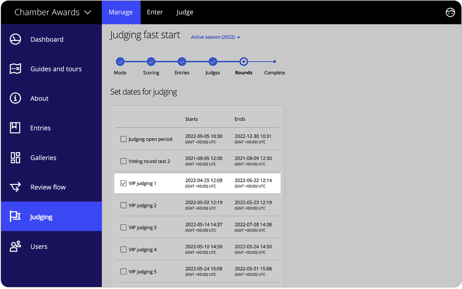 Interface showing the fifth step of judging fast start - selecting the rounds