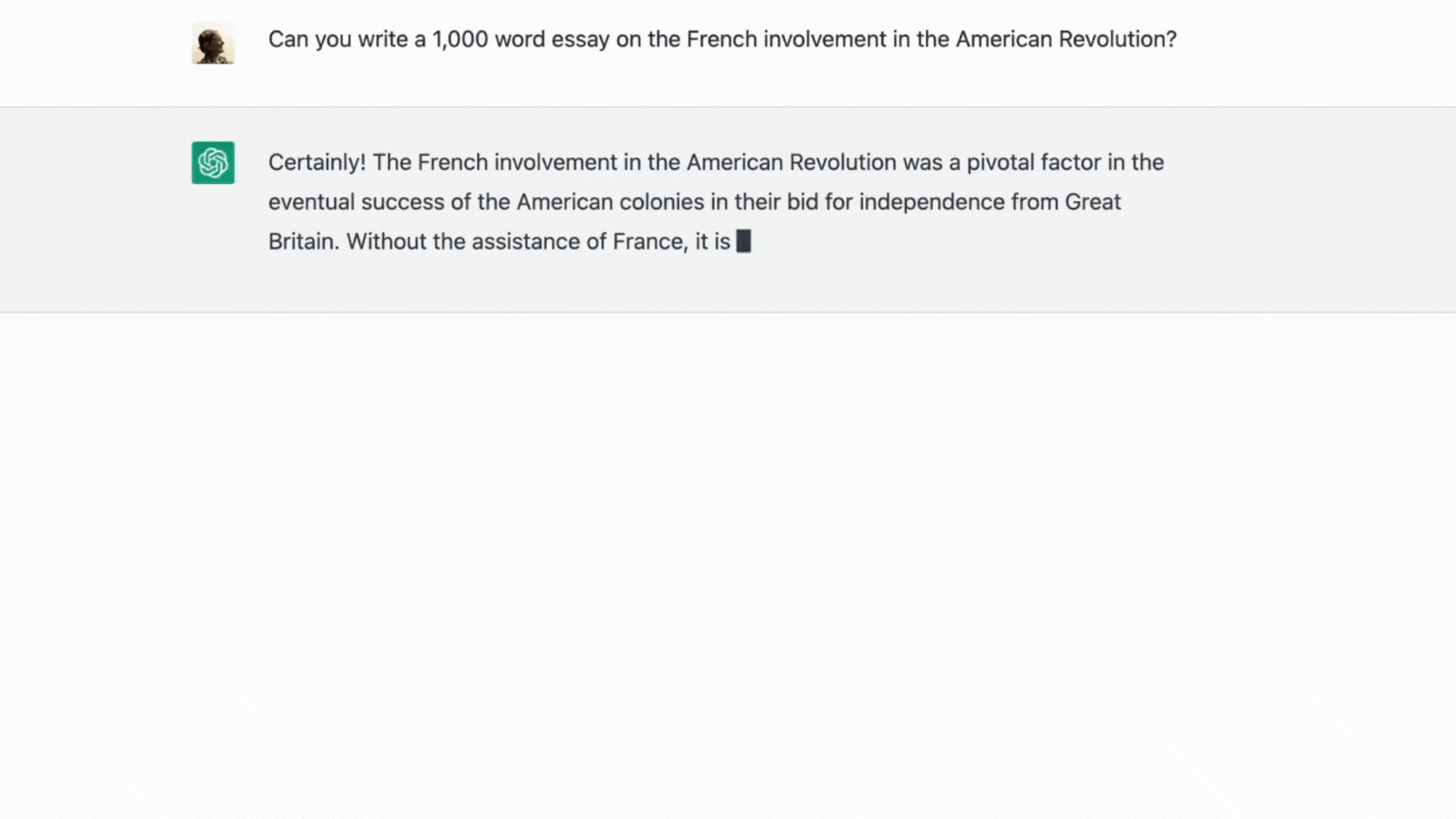 Screenshot des ChatGPT-Prompts, der einen 1.000 Wörter umfassenden Aufsatz über die französische Beteiligung an der Amerikanischen Revolution anfordert