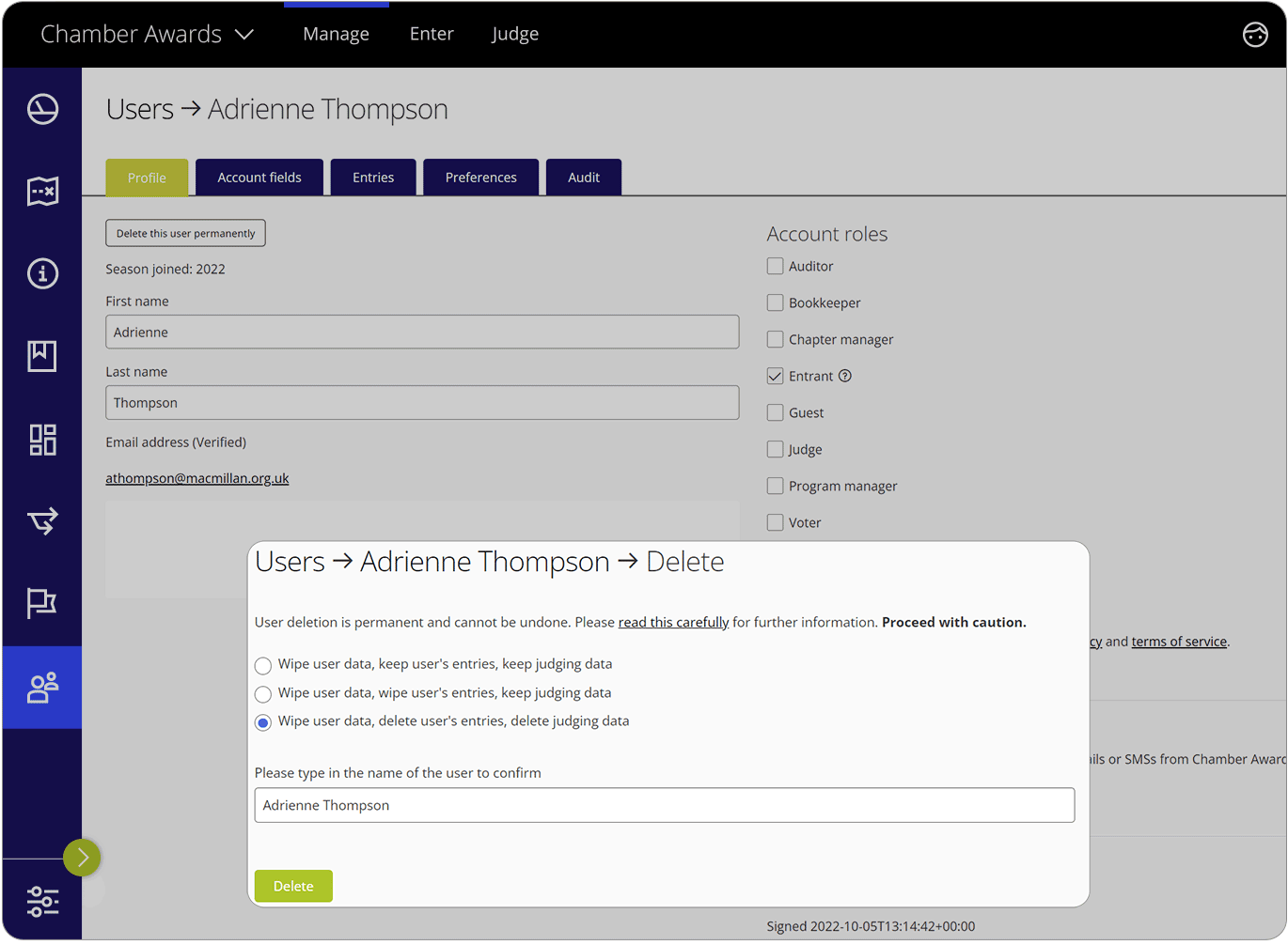 Award Force interface showing PII deletion