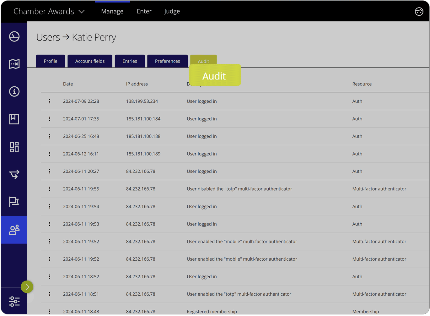 Award Force interface showing the option to audit individual users' actions