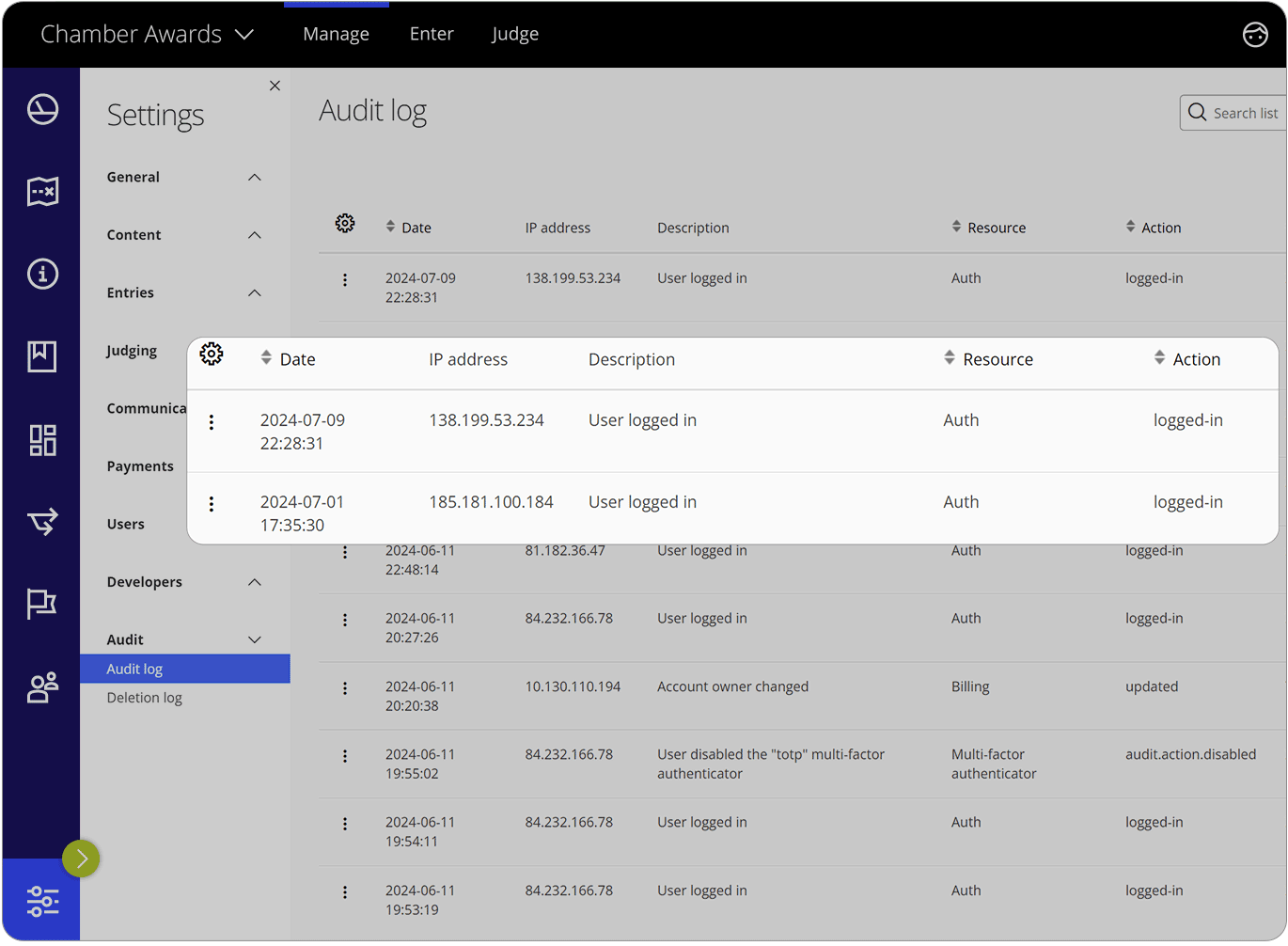 Award Force interface showing audit log