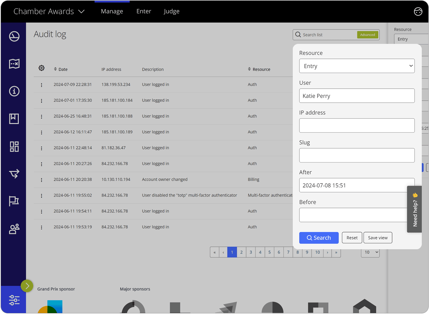 Award Force interface showing audit log advanced search