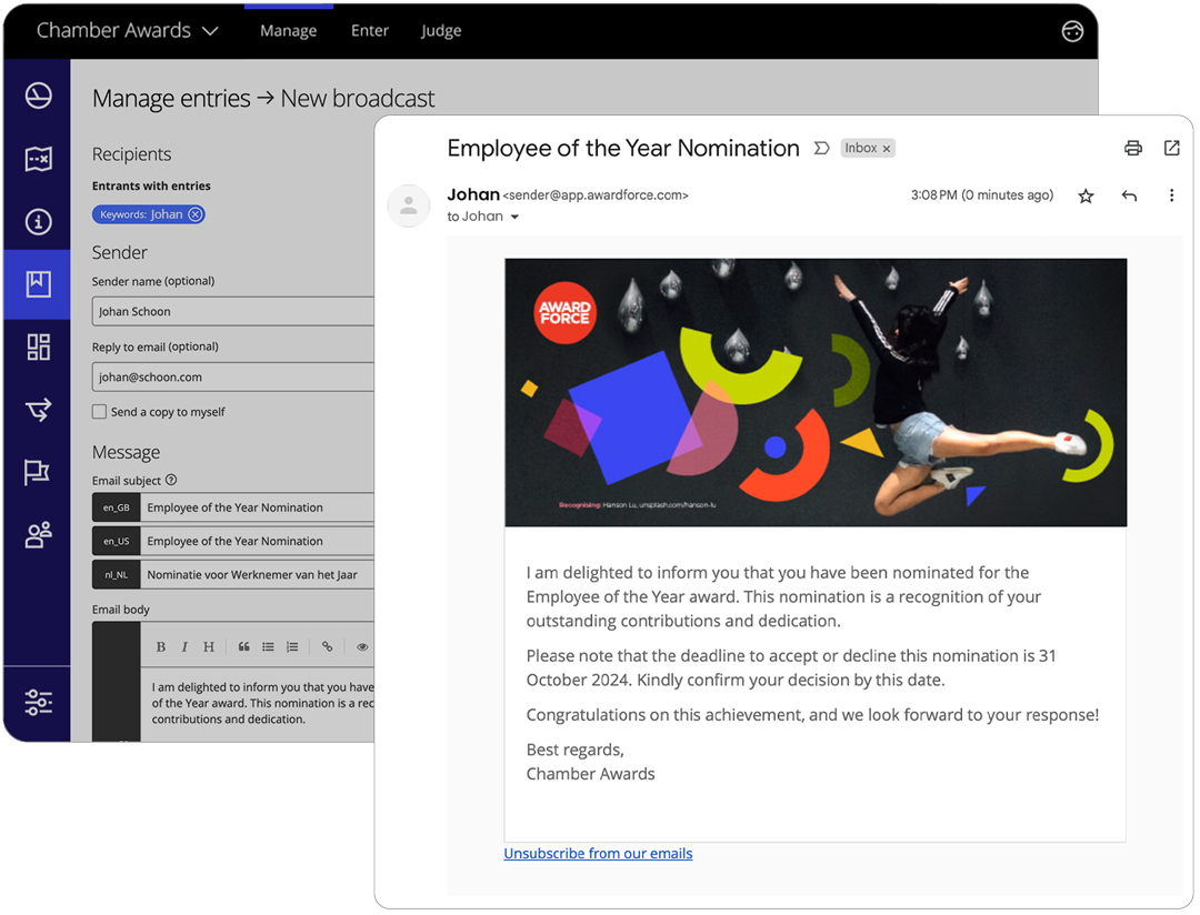 Award Force interface showing the broadcast configuration and an email showing the outcome.