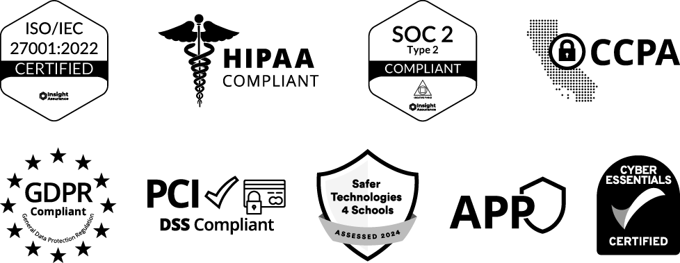 Panel of Award Force's security compliance logos including GDPR, ISO 27001, SOC2, APP, CCPA, PCI, HIPAA and Cyber Essentials.
