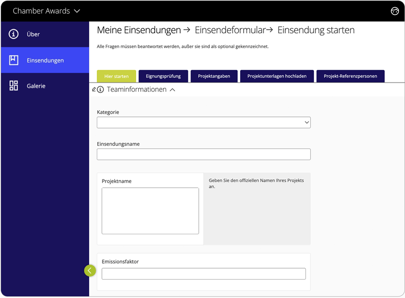 Award Force Benutzeroberfläche, die die Ansicht der Bewerber beim Starten einer Bewerbung zeigt.  