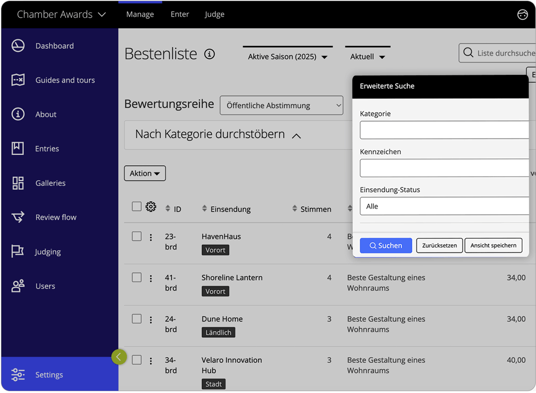 Awards-Management-Software: Ergebnisverwaltung