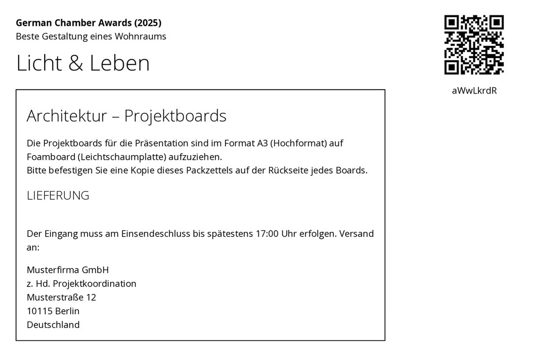 Packzettel für die Auszeichnungsverwaltung