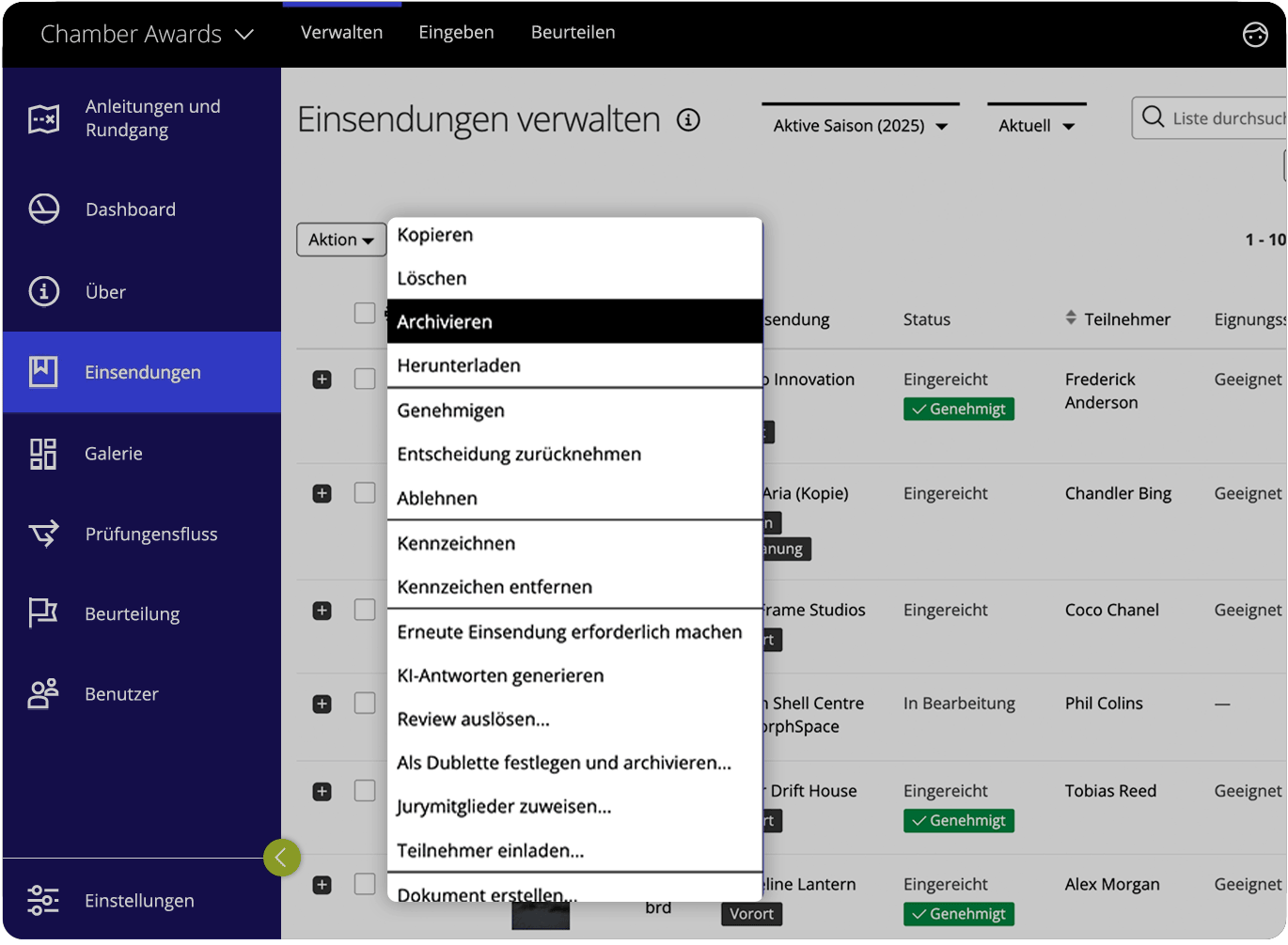 Der Programmmanager kann die Einreichung über das Überlaufmenü kopieren, löschen und archivieren.