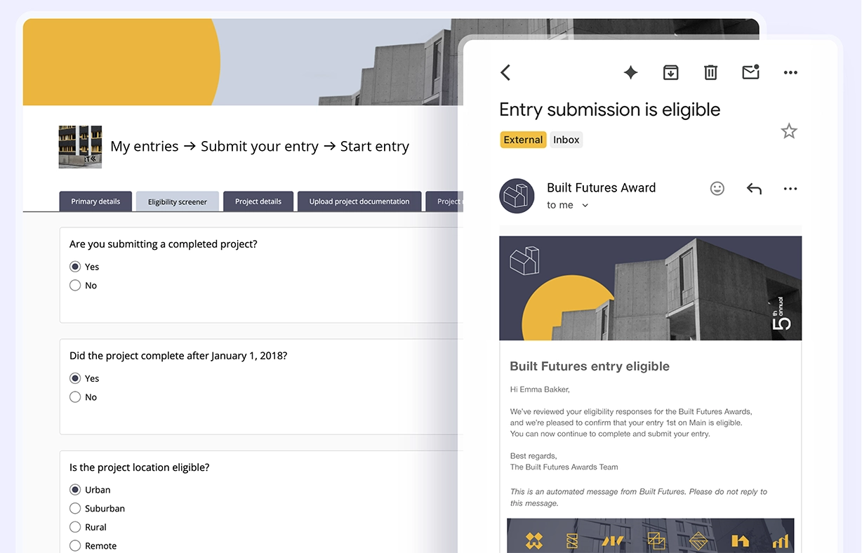 Award Force interface showing the eligibility settings and the eligibility confirmation email