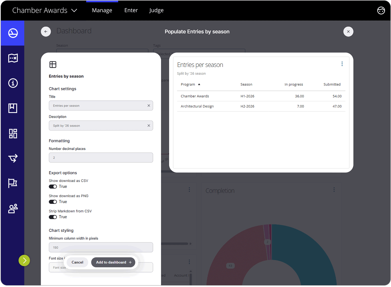 Interface showing how to customise chart settings before adding a new chart to the dashboard