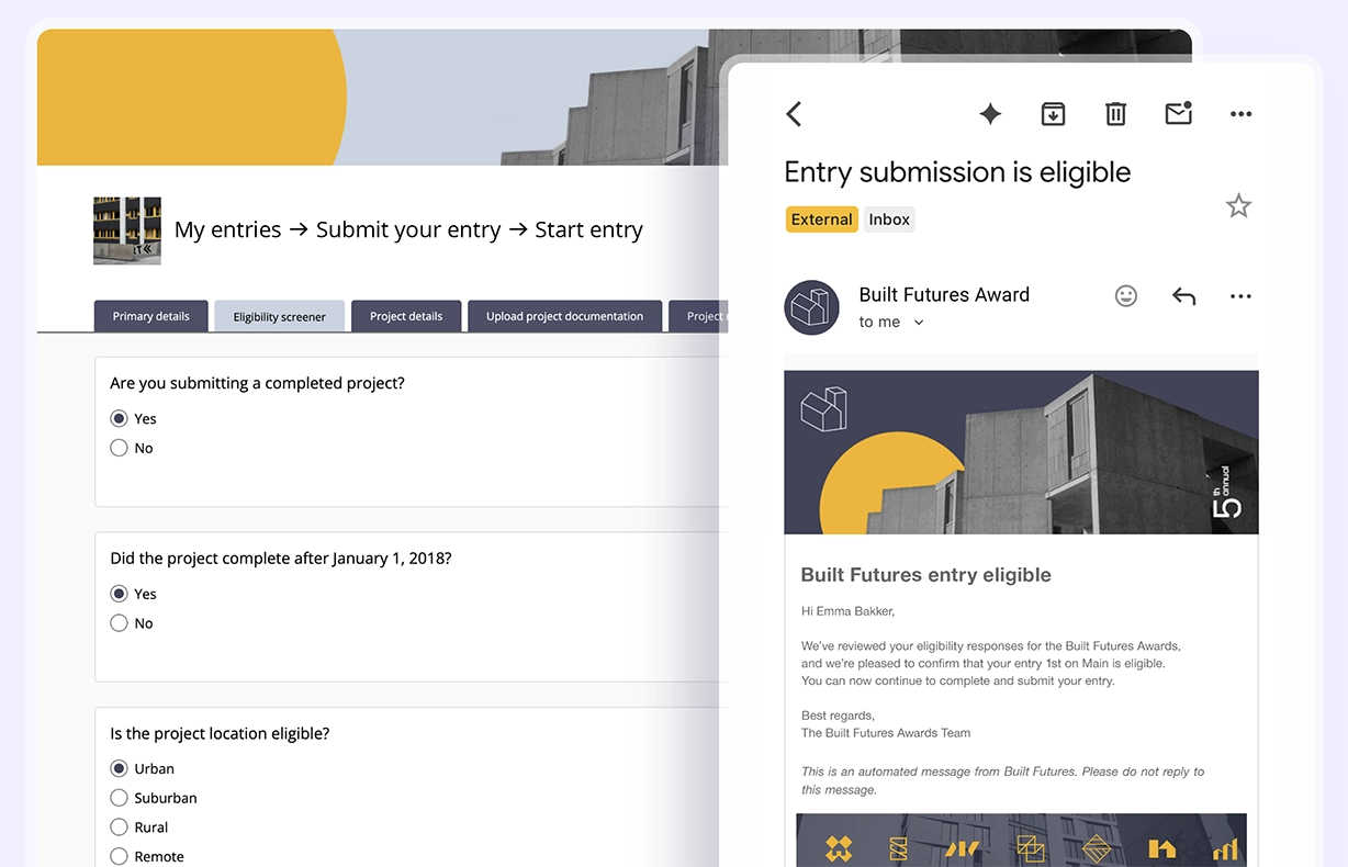Award Force interface showing the content block pop-up for eligibility confirmation
