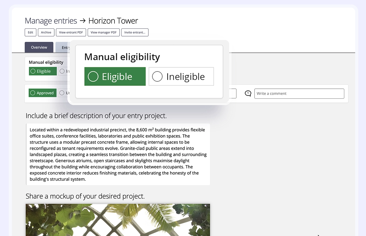 Award Force interface showing the manual eligibility toggle the manager uses to qualify an entry as eligible or ineligible
