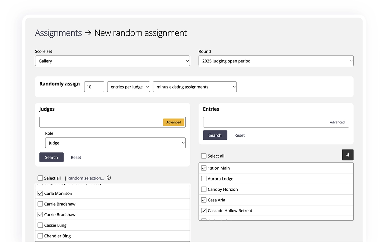 Award Force interface showing the random assignment of entries to judges