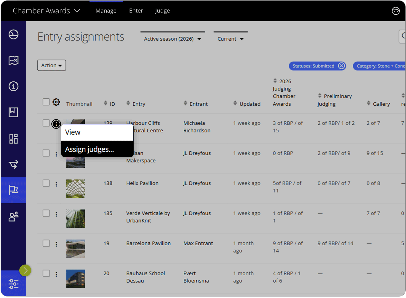Award Force assignments list view showing how to assign judges to an individual entry