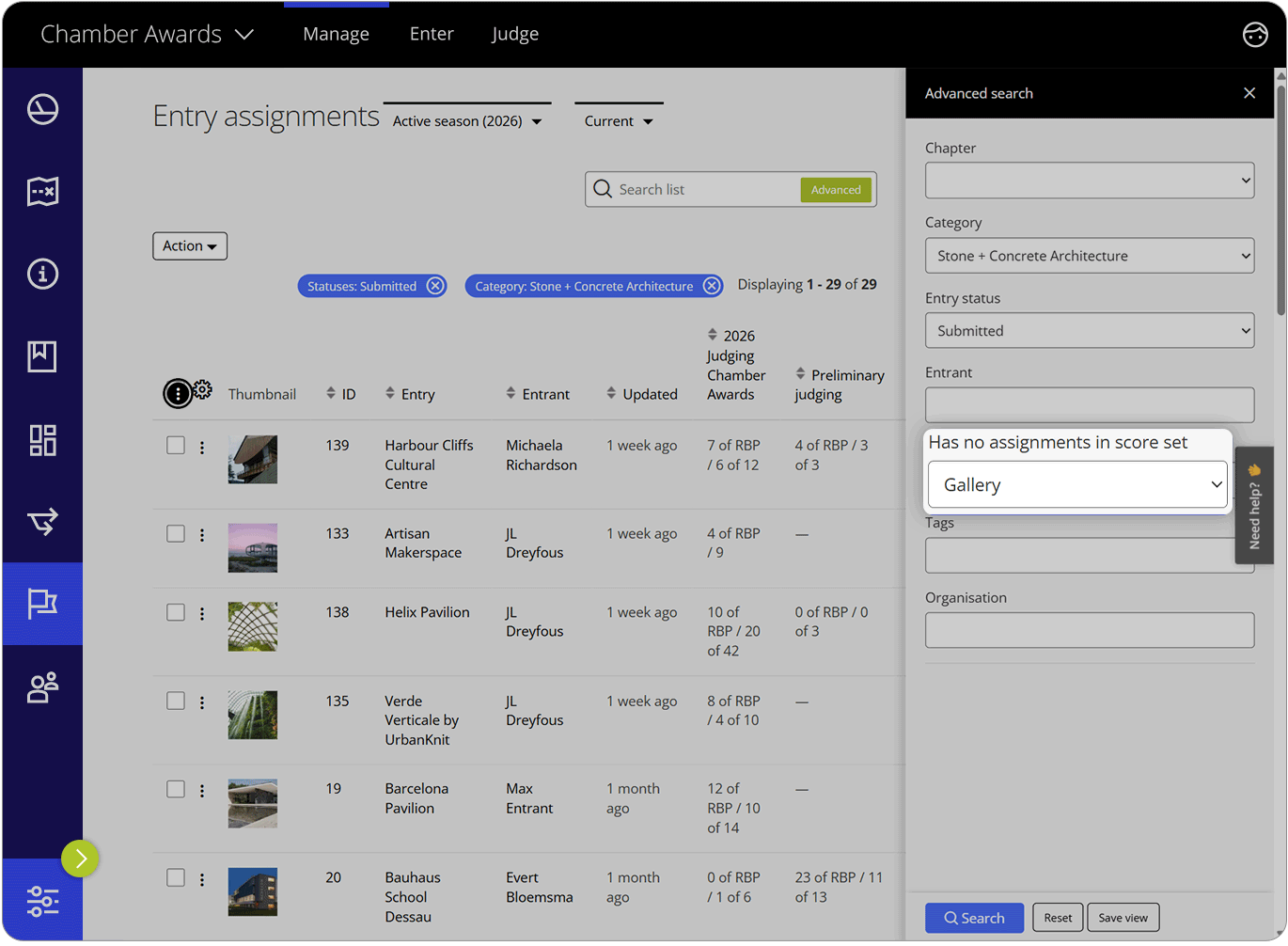 Award Force interface showing the assignments list view advanced search for entries with no assignments